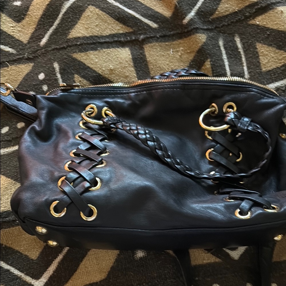 Black Leather Women's Bag with Gold Accents